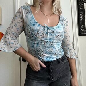 VIntage Y2K Great Escape Baby Blue Floral Print 1/2 Sleeve Blouse Sz S